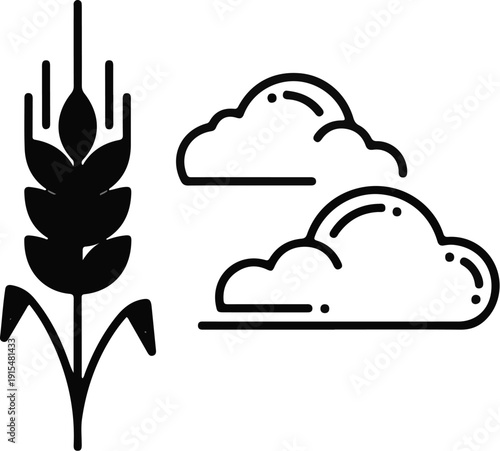 A stylized illustration features a stalk of grain next to two fluffy clouds