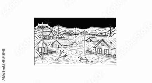 A village submerged in floodwaters, with houses partially underwater and debris floating