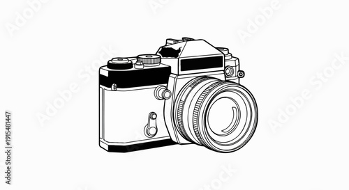 A vintage analog camera with a prominent lens and intricate details, in monochrome
