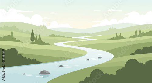 A winding river flows through rolling green hills under a bright, cloudy sky