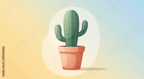 A tall, green potted cactus with arms against a soft, gradient background