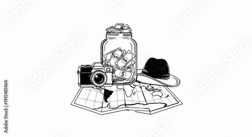 A vintage camera, a jar of money, a hat, and a map are arranged together