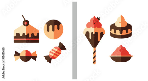 A collection of stylized dessert and candy icons, including cake and ice cream, with a retro two-tone textured flat design.