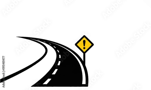 A winding road ahead with a cautionary exclamation mark sign on the right