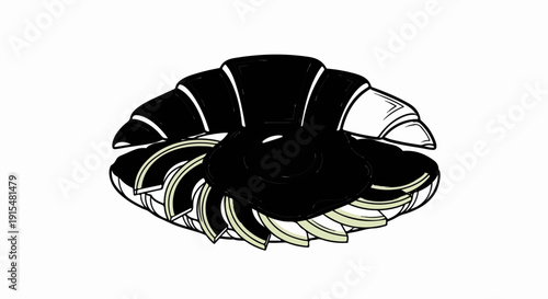 A stylized illustration of a chocolate-filled pastry with layered dough