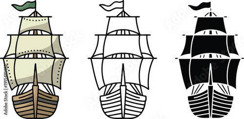 Traditional sailing ship silhouette & Outline and illustration set isolated on transparent background