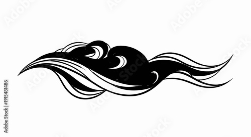 A stylized black and white depiction of swirling wavy lines resembling hair or water