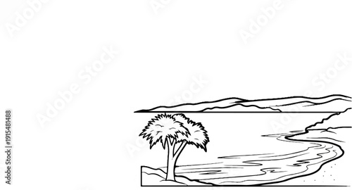 A winding river flows past a solitary tree towards distant, undulating hills