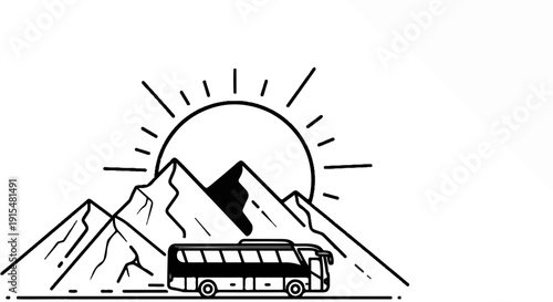 A stylized illustration of a bus traveling through mountains at sunrise