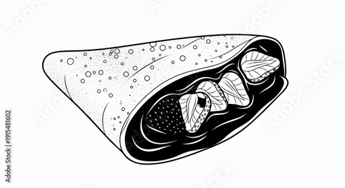 A stylized black and white drawing of a crepe filled with sliced strawberries