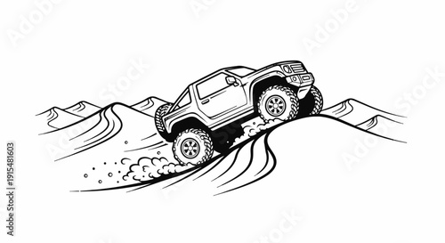 A stylized black and white drawing of a rugged vehicle navigating sand dunes
