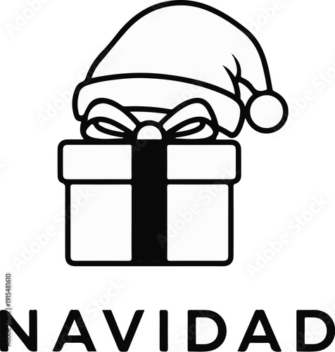 A stylized illustration of a gift box topped with a Santa hat, with the word "Navidad" below