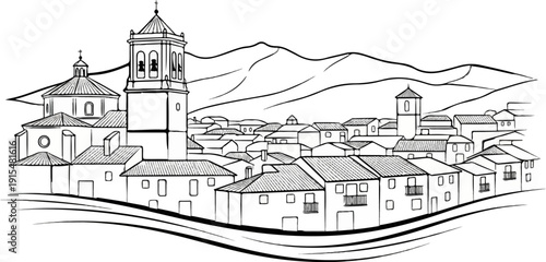 A stylized, black and white sketch of a European village nestled in rolling hills