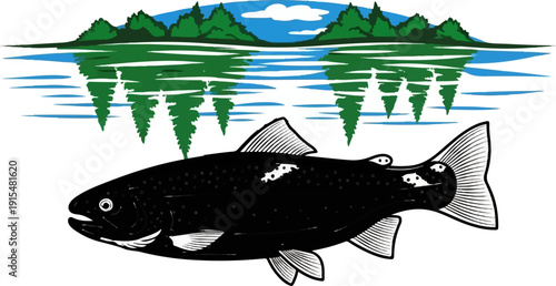 A stylized illustration of a large dark fish swimming in calm water, reflecting trees