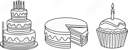 A three-tier cake with candles, a sliced layer cake, and a cupcake with a candle