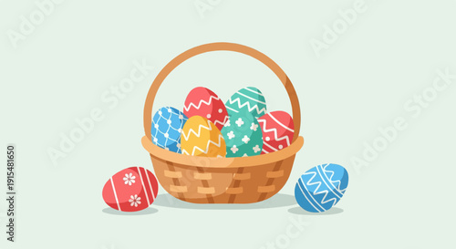 A woven basket overflows with colorful, patterned Easter eggs on a plain background