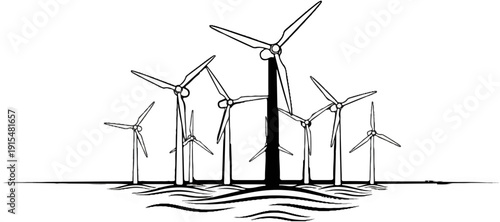 A stylized black and white drawing of multiple wind turbines in a line on wavy ground