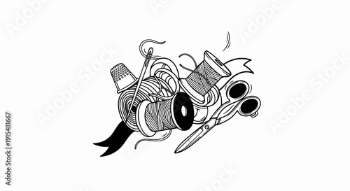 A stylized black and white drawing of sewing supplies, including spools of thread, a needle, and scissors