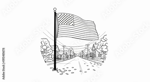 A waving national flag stands tall over a suburban street scene