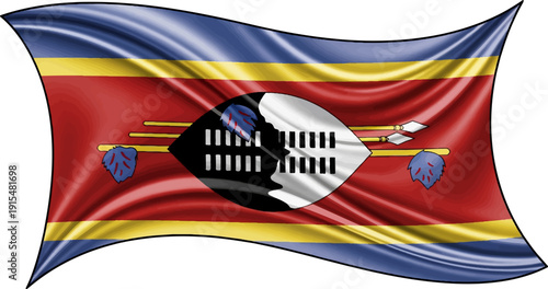 A waving national flag with stripes of blue, yellow, red, and a central shield emblem