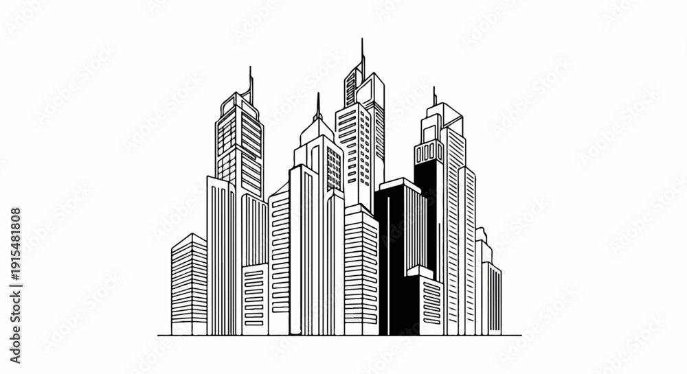 Fototapeta premium A stylized black and white illustration of a dense city skyline with tall skyscrapers