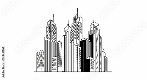 A stylized black and white illustration of a dense city skyline with tall skyscrapers