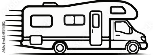 A stylized, black and white illustration of a fast-moving recreational vehicle on a road