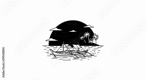 A traditional boat sails on calm seas under a cloudy sky and tropical island