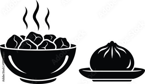 Black and white vector illustration of a bowl of steaming hot dim sum and a baozi bun isolated on white background,