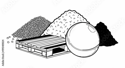 A wooden pallet rests before piles of different granular materials and a sphere