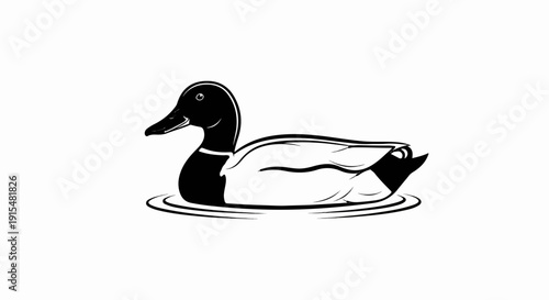 A stylized black and white illustration of a duck swimming