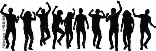 Group of dancing people silhouettes celebrating party, energetic crowd jumping isolated on white background nightlife concept