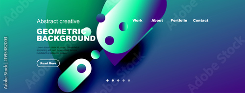Abstract geometric background design. Vibrant colors, shapes, text elements present. Modern website header illustration.