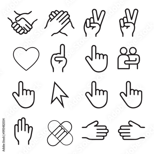 Hand gestures line icons. Handshake  Clapping hands  Victory. Horns  Thumb up finger  drag and drop icons. Donation hand gestures  middle finger  helping hand. Linear set. Quality line set. Vector