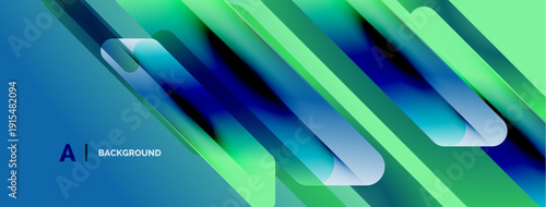 Abstract design features vibrant blue, green gradients. Dynamic lines create modern, flowing visual effect. Minimalist aesthetic.