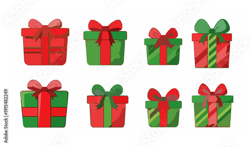 Cartoon Christmas gift box vector collection with red and green presents isolated on white background