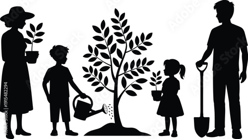Family gardening together planting tree watering plants environmental conservation concept silhouette illustration with parents and children caring nature
