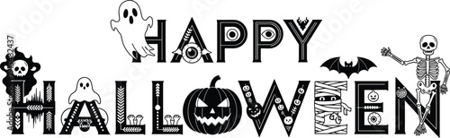 Happy Halloween typography design with spooky elements, pumpkin ghost bat skeleton vector illustration isolated on white background
