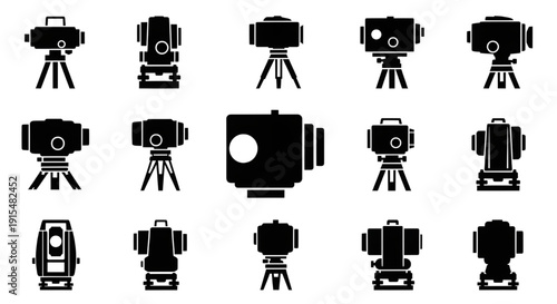 Surveying Camera Tripod Silhouette Icon Set, Black silhouette vector set of surveying cameras and measurement instruments mounted on tripods. Technical equipment icons, engineering, construction, 