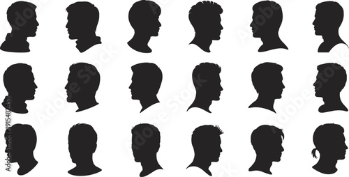 Collection of black silhouettes of male head profiles and avatars with diverse hairstyles isolated on white background for graphic design, vector.