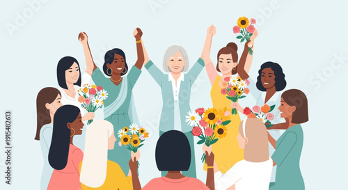 This flat design illustration captures a diverse group of women celebrating International Women's Day, symbolizing unity, joy, and global solidarity