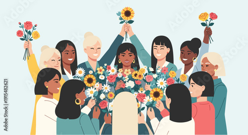 This flat design illustration captures a diverse group of women celebrating International Women's Day, symbolizing unity, joy, and global solidarity