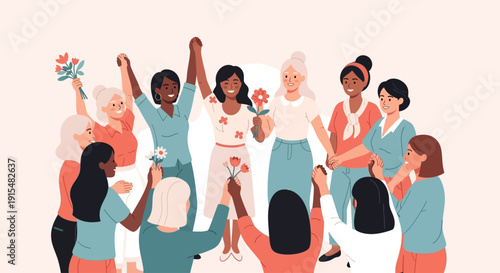 This flat design illustration captures a diverse group of women celebrating International Women's Day, symbolizing unity, joy, and global solidarity