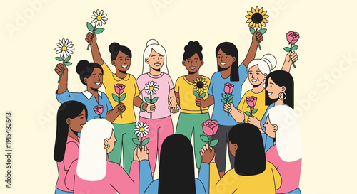 This flat design illustration captures a diverse group of women celebrating International Women's Day, symbolizing unity, joy, and global solidarity
