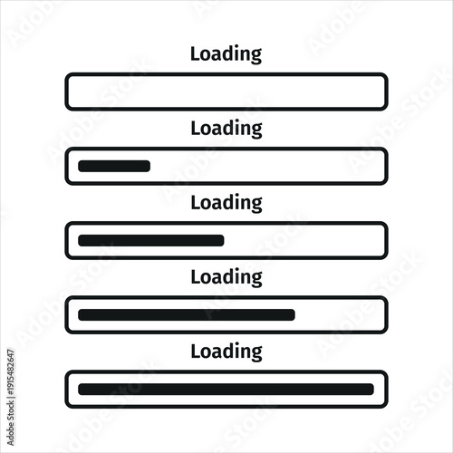 A set of loading status icons in a linear style. Each bar represents a specific stage of progress: from an empty state to a fully filled line, indicating successful completion. Vector EPS 10.