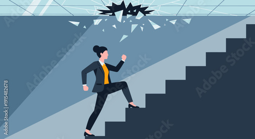 This flat design illustration portrays a determined woman leader breaking through barriers, symbolizing career advancement and overcoming challenges in the professional world