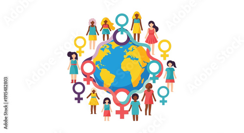 This flat design illustration features a globe surrounded by female symbols, representing global women's empowerment and international solidarity on Women's Day