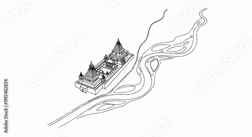 A stylized illustration of an ancient temple complex beside a winding river