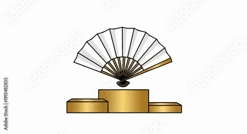 A white fan rests atop a golden podium with three tiers