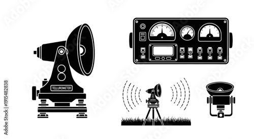 Tellurometer Distance Measurement Instrument Control Panel Illustration,  Detailed black silhouette illustration of tellurometer distance measurement device with control panel and field communication 